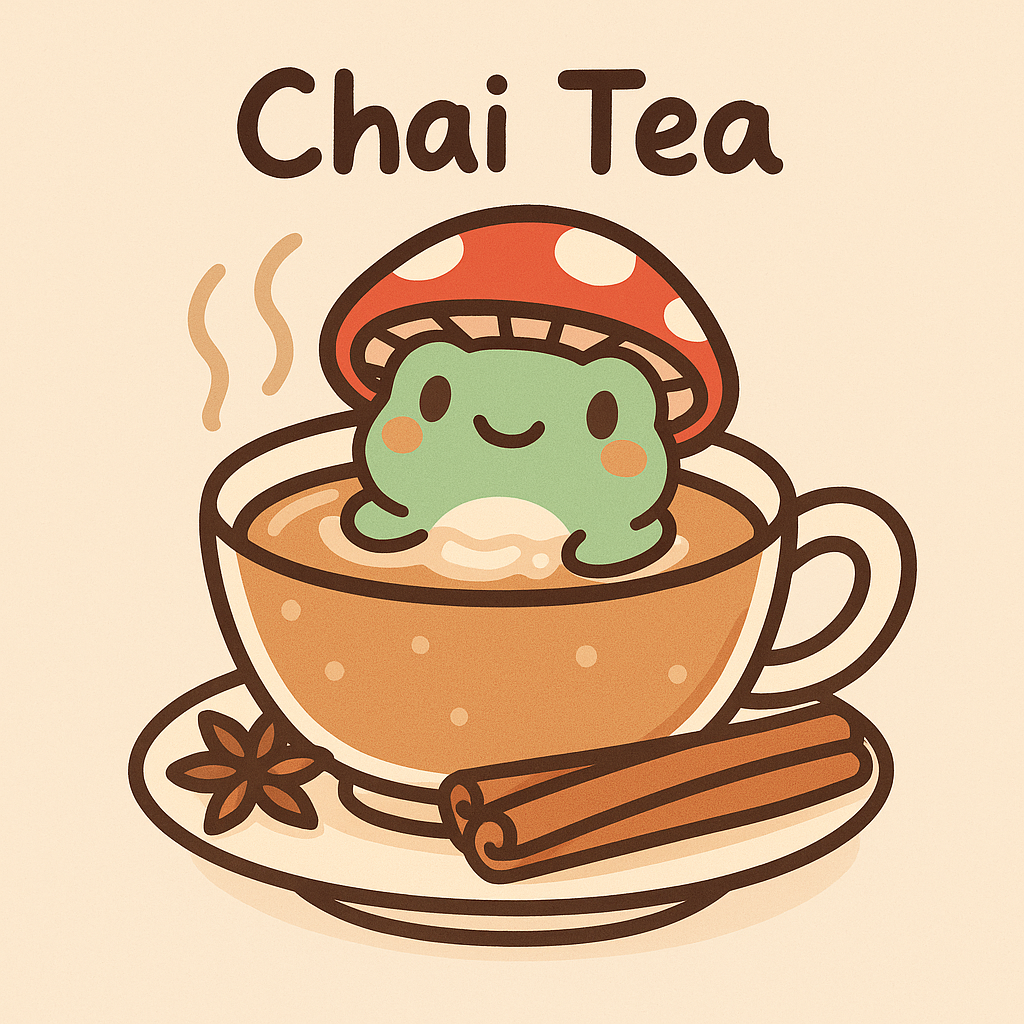 Forest Chai — frog in a chai cup with cinnamon